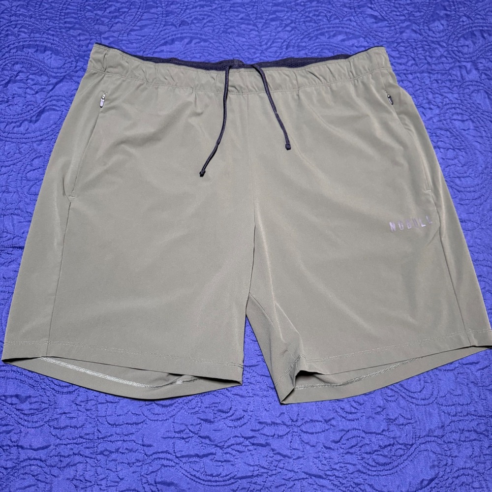 Nobull Mens Training Shorts XL Olive Green 7.5 Inch Inseam Zipper Pockets Gym
